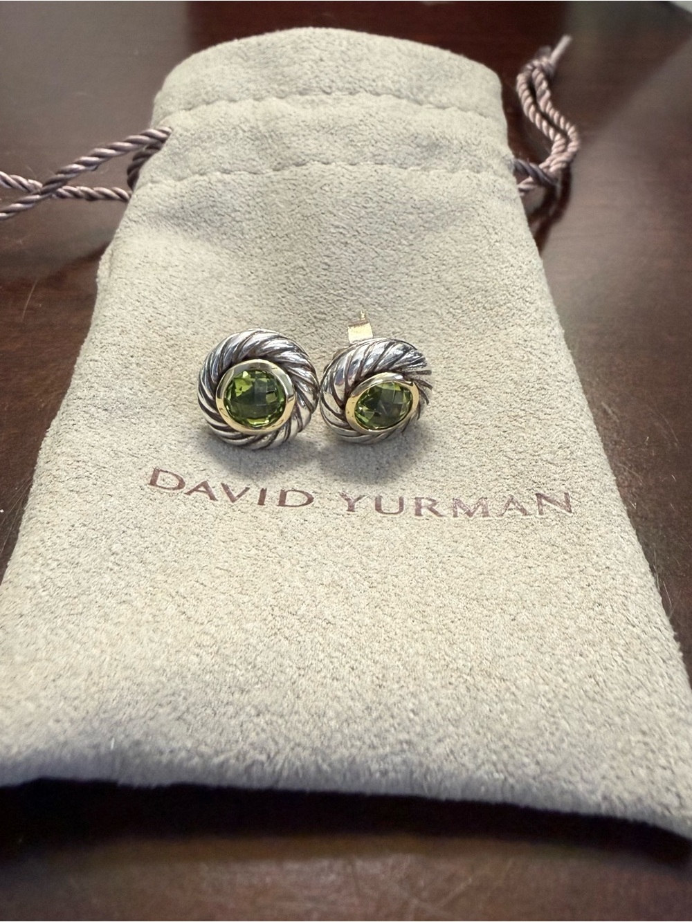 David Yurman Peridot Cable-Edge Stud Earrings with Gold Accents